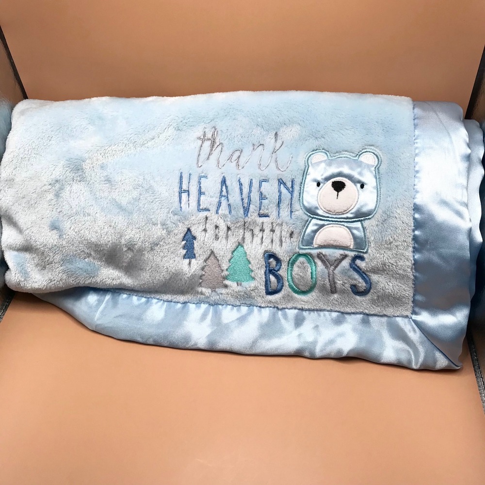 Baby Essentials Thank Heaven for Little Boys Blue Plush Satin Trim Baby Blanket